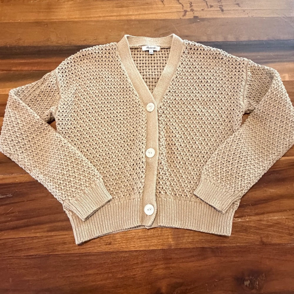 Madewell Tan Crochet Knit V-Neck Cardigan Sweater Beige Button Front Size S
